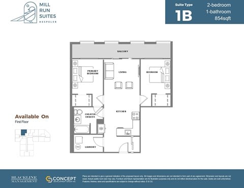 Floor plan for 2 beds, 1 bath, 854 sqft